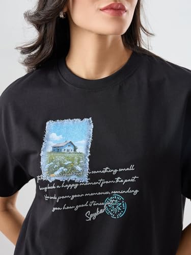 Spykar Black Graphic Oversized Fit T-Shirts for Women