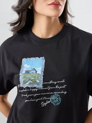 Spykar Black Graphic Oversized Fit T-Shirts for Women