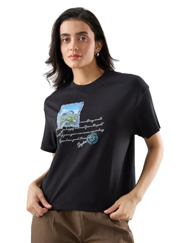 Spykar Black Graphic Oversized Fit T-Shirts for Women