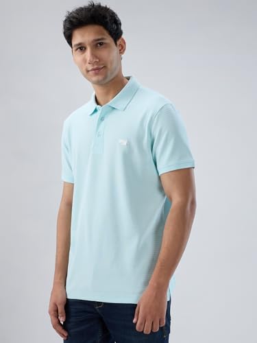 Men Spykar Blue Textured Regular Fit T-Shirt