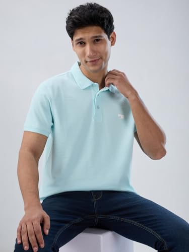 Men Spykar Blue Textured Regular Fit T-Shirt