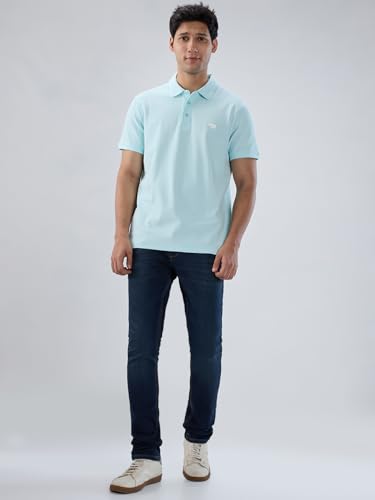 Men Spykar Blue Textured Regular Fit T-Shirt