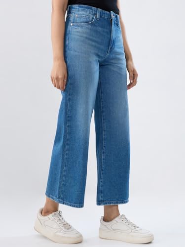 Women Spykar Blue Solid Wide Leg High Rise Jeans