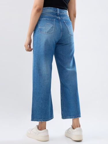 Women Spykar Blue Solid Wide Leg High Rise Jeans