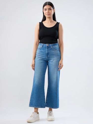 Women Spykar Blue Solid Wide Leg High Rise Jeans