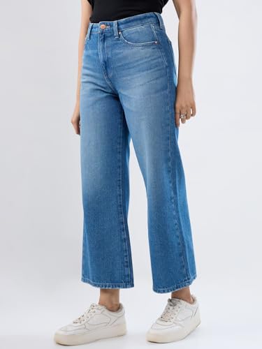 Women Spykar Blue Solid Wide Leg High Rise Jeans