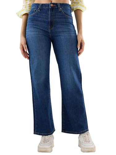 Spykar Women Blue Solid Wide Leg High Rise Jeans