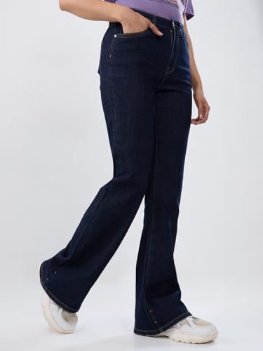 Women Spykar Blue Solid Flare Leg Mid Rise Jeans