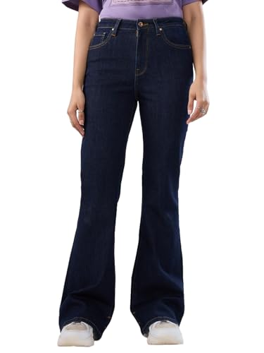 Women Spykar Blue Solid Flare Leg Mid Rise Jeans