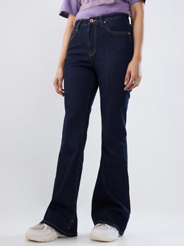 Women Spykar Blue Solid Flare Leg Mid Rise Jeans