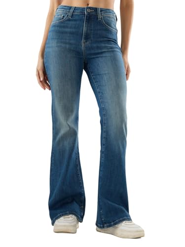 Spykar Women Blue Solid Flare Leg Mid Rise Jeans