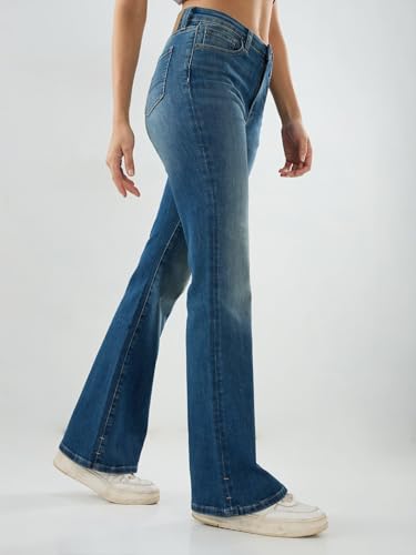 Spykar Women Blue Solid Flare Leg Mid Rise Jeans