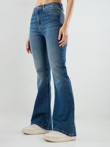 Spykar Women Blue Solid Flare Leg Mid Rise Jeans
