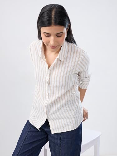 Women Spykar White Stripe Regular Fit Shirt