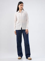 Women Spykar White Stripe Regular Fit Shirt
