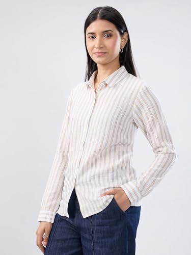 Women Spykar White Stripe Regular Fit Shirt