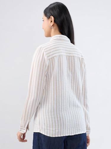 Women Spykar White Stripe Regular Fit Shirt