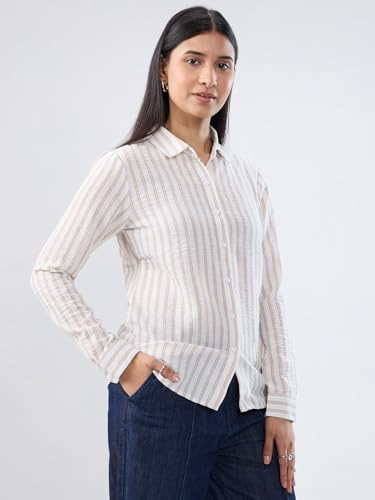 Women Spykar White Stripe Regular Fit Shirt
