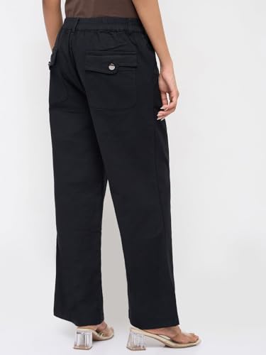 Spykar Black Solid Straight Fit Mid Rise Trousers for Women