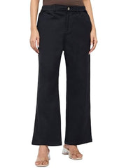 Spykar Black Solid Straight Fit Mid Rise Trousers for Women
