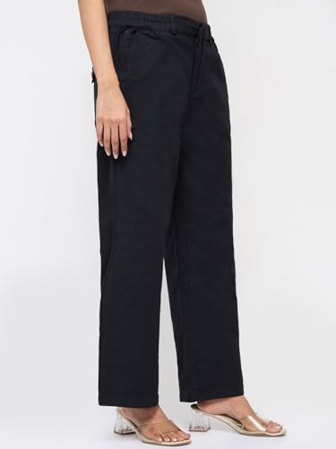 Spykar Black Solid Straight Fit Mid Rise Trousers for Women