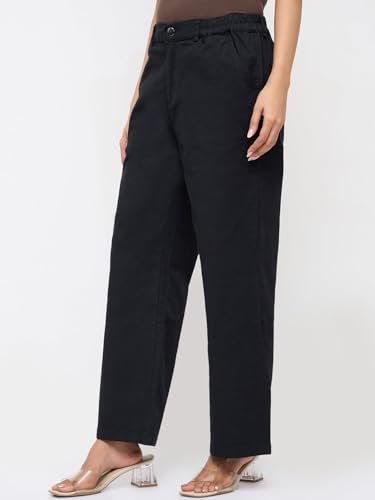 Spykar Black Solid Straight Fit Mid Rise Trousers for Women