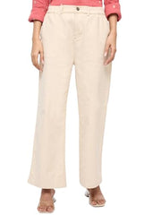 Spykar White Solid Straight Fit Mid Rise Trousers for Women