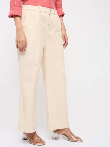 Spykar White Solid Straight Fit Mid Rise Trousers for Women