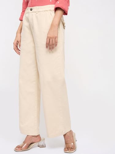Spykar White Solid Straight Fit Mid Rise Trousers for Women