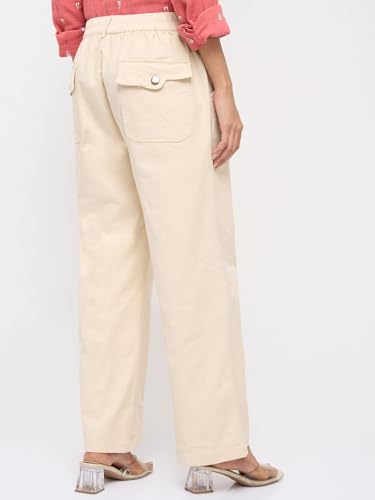 Spykar White Solid Straight Fit Mid Rise Trousers for Women