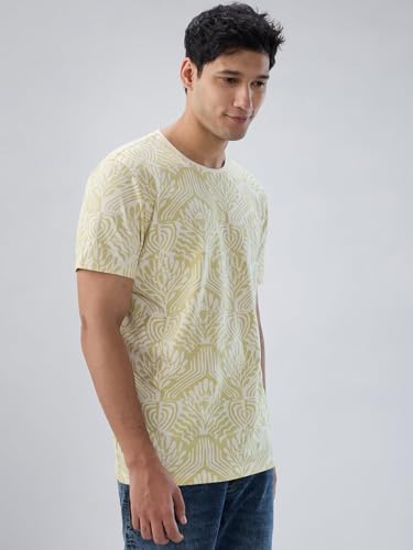 Men Spykar Green Print Regular Fit T-Shirt