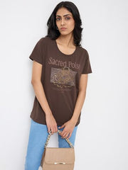 Spykar Brown Graphic Regular Fit T-Shirts for Women