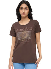 Spykar Brown Graphic Regular Fit T-Shirts for Women