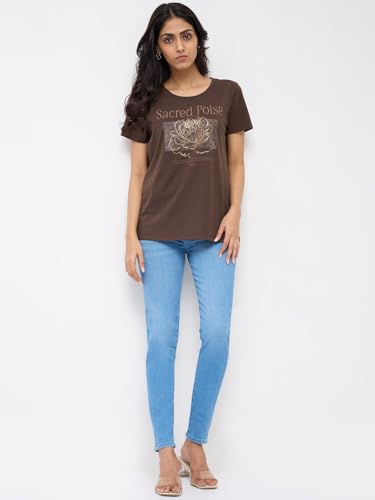 Spykar Brown Graphic Regular Fit T-Shirts for Women