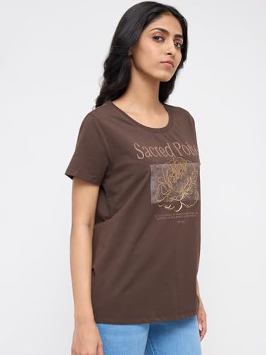 Spykar Brown Graphic Regular Fit T-Shirts for Women