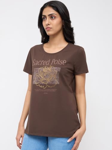 Spykar Brown Graphic Regular Fit T-Shirts for Women