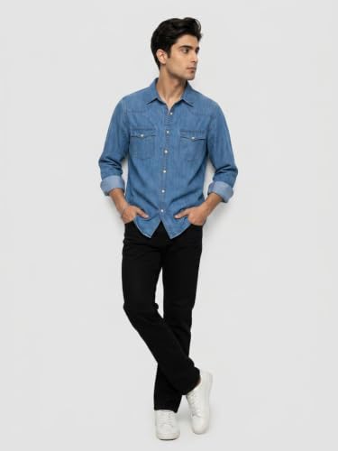 Spykar Mid Blue Regular Fit Shirt for Men