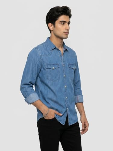 Spykar Mid Blue Regular Fit Shirt for Men
