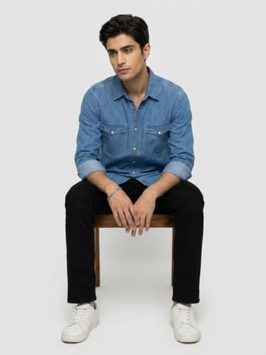 Spykar Mid Blue Regular Fit Shirt for Men