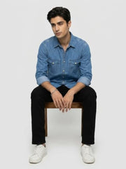 Spykar Mid Blue Regular Fit Shirt for Men