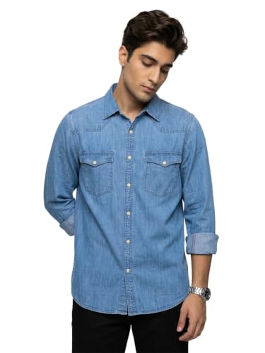 Spykar Mid Blue Regular Fit Shirt for Men