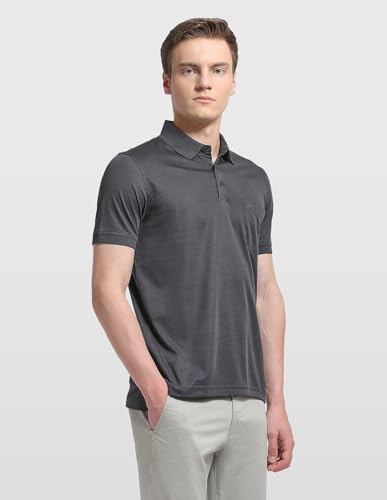 Arrow men's solid regular fit polo shirt in classic style, shown on a hanger with a close-up of the fabric and collar.
