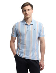 Arrow Sport men's vertical striped regular fit polo shirt in navy and white, short sleeve, casual men's upper wear.
