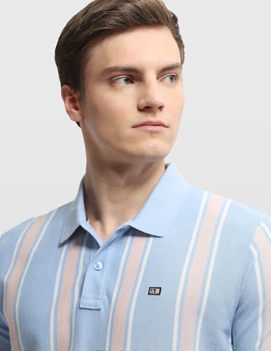 Arrow Sport men's vertical striped polo shirt with regular fit, long sleeves, and classic collar, displayed on a hanger.