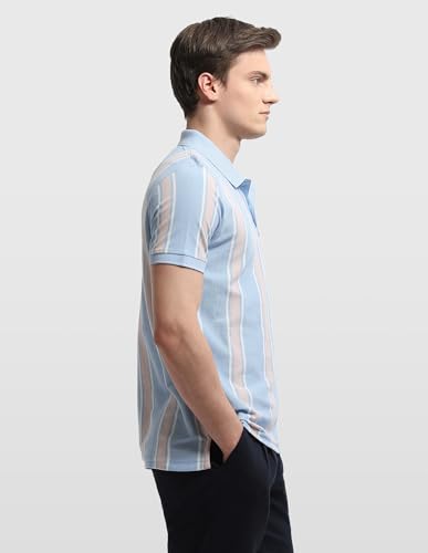 Arrow Sport men's vertical striped regular fit polo shirt in navy and white, short sleeve, classic collar, casual t-shirt style.