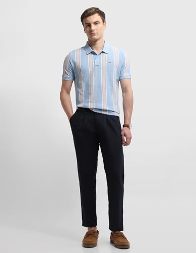Arrow Sport men's vertical striped regular fit polo shirt in blue and white, short sleeve, classic collar, casual style.