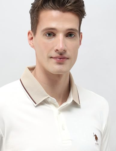 U.S.Polo Association men's solid slim fit polo shirt in classic style, shown in a close-up of the front view.