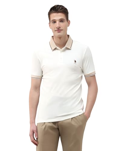 U.S. Polo Association men's solid slim fit polo shirt in classic design, short sleeve, with collar and button placket.
