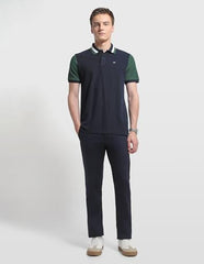 Arrow men's solid bronson slim fit casual trousers, shown in dark fabric, tailored fit for a modern, sleek look.