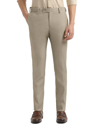 Arrow men's regular fit textured formal trousers, dark-colored with a tailored waistband and front crease, suitable for office wear.